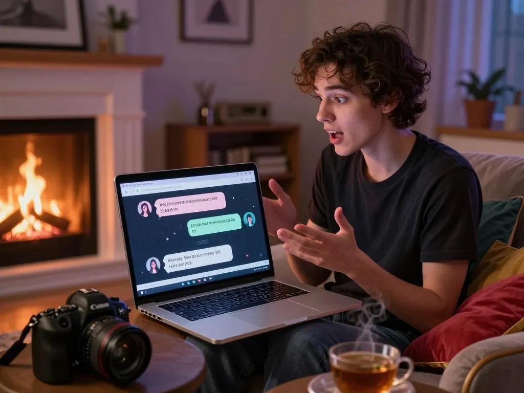 Person enjoying engaging sex chat AI conversation on a laptop in cozy study with mood lighting.