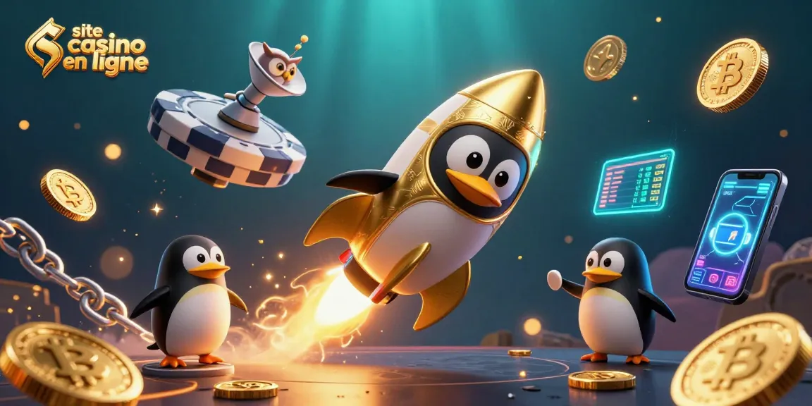 Jouer sur un site casino en ligne avec un pingouin doré fusée dans un univers rempli de pièces