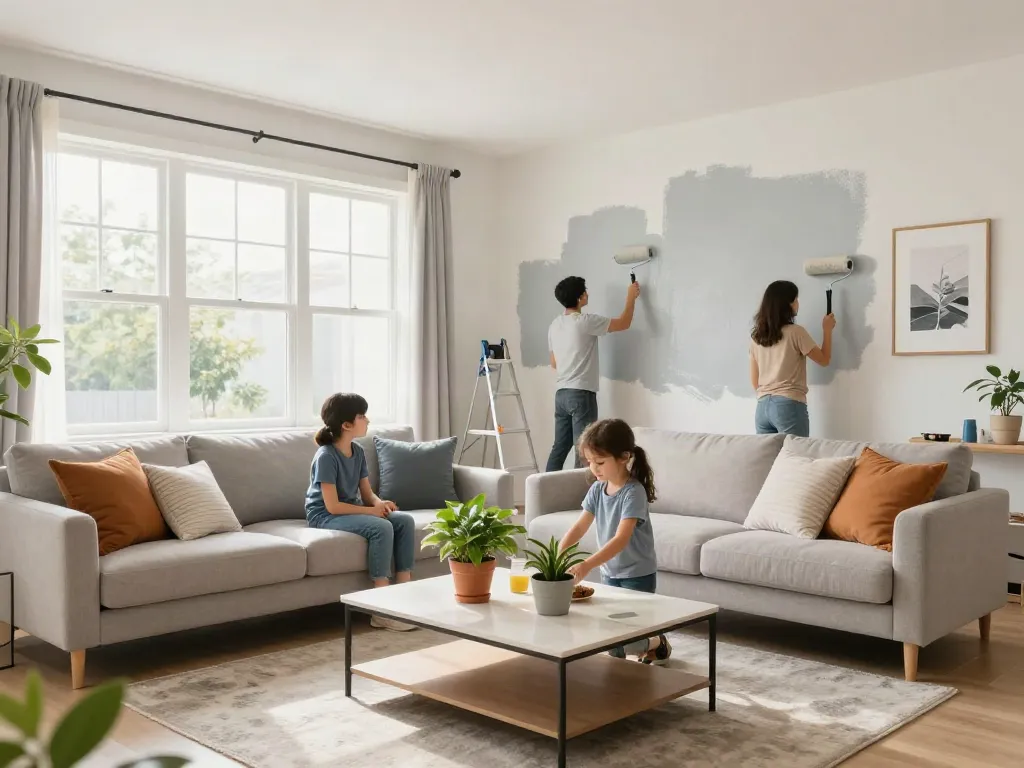 Glenvar Heights remodeling scene with family painting and decorating a modern living room.