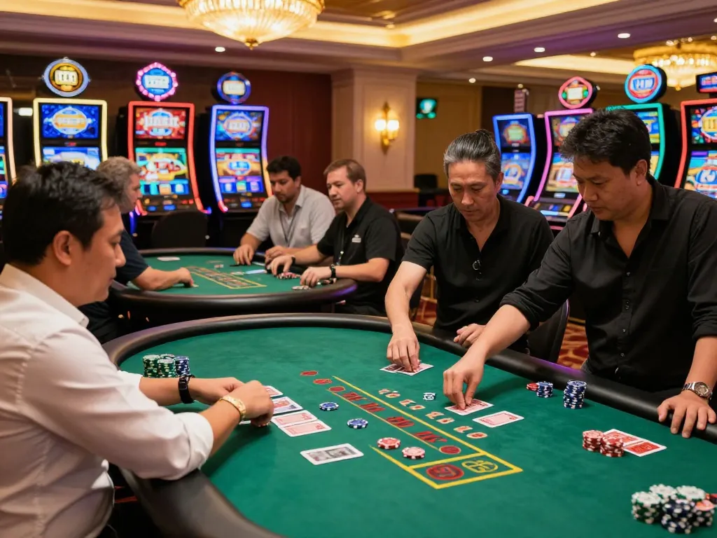 Players engaging in exciting blackjack gameplay at hb88 com casino, surrounded by vibrant slot machines.