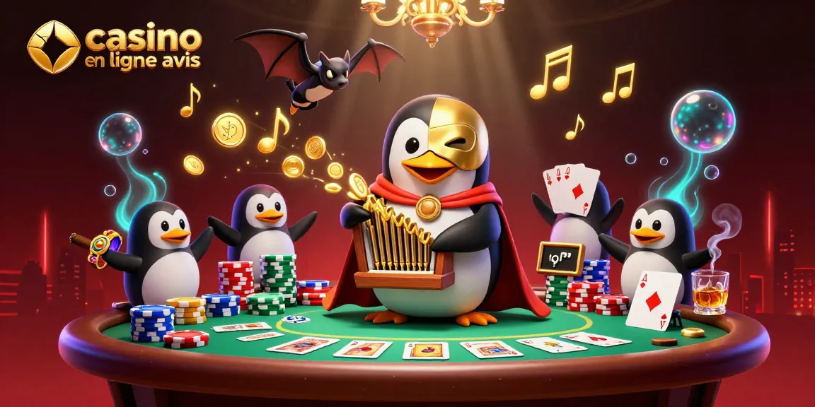 Illustration de casino en ligne avis, un pingouin jouant de l'orgue, des jetons et des cartes de poker.