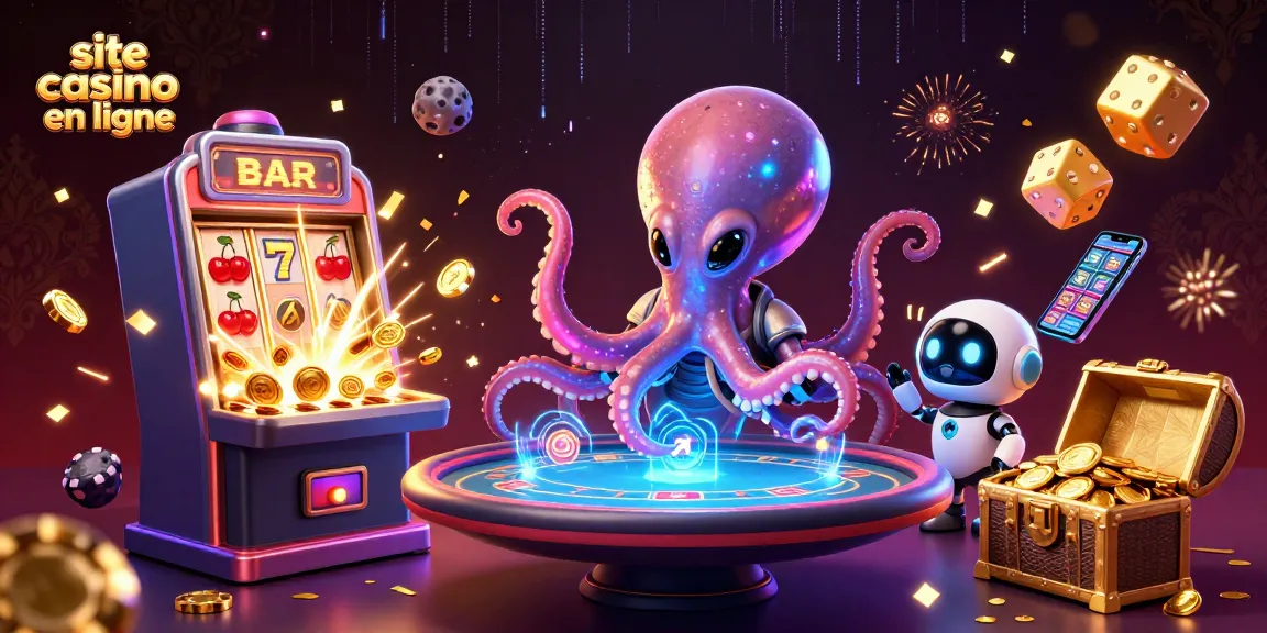 Découvrez le site casino en ligne avec une illustration dynamique d'un poulpe extraterrestre jouant aux cartes.
