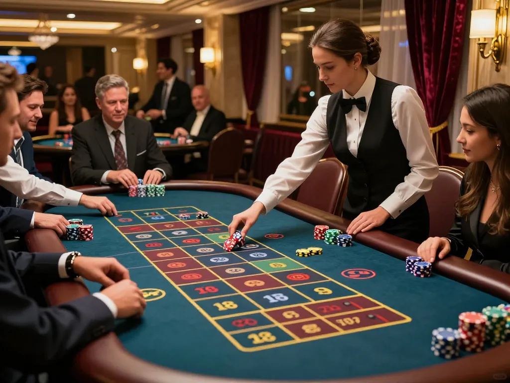 Experience the excitement of TR88 roulette with players placing bets and a croupier spinning the wheel.