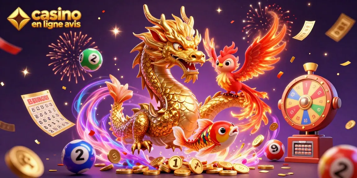 Vivez l'expérience des jeux avec notre illustration captivante sur les avis de casino en ligne, comprenant des dragons et des objets de loterie.
