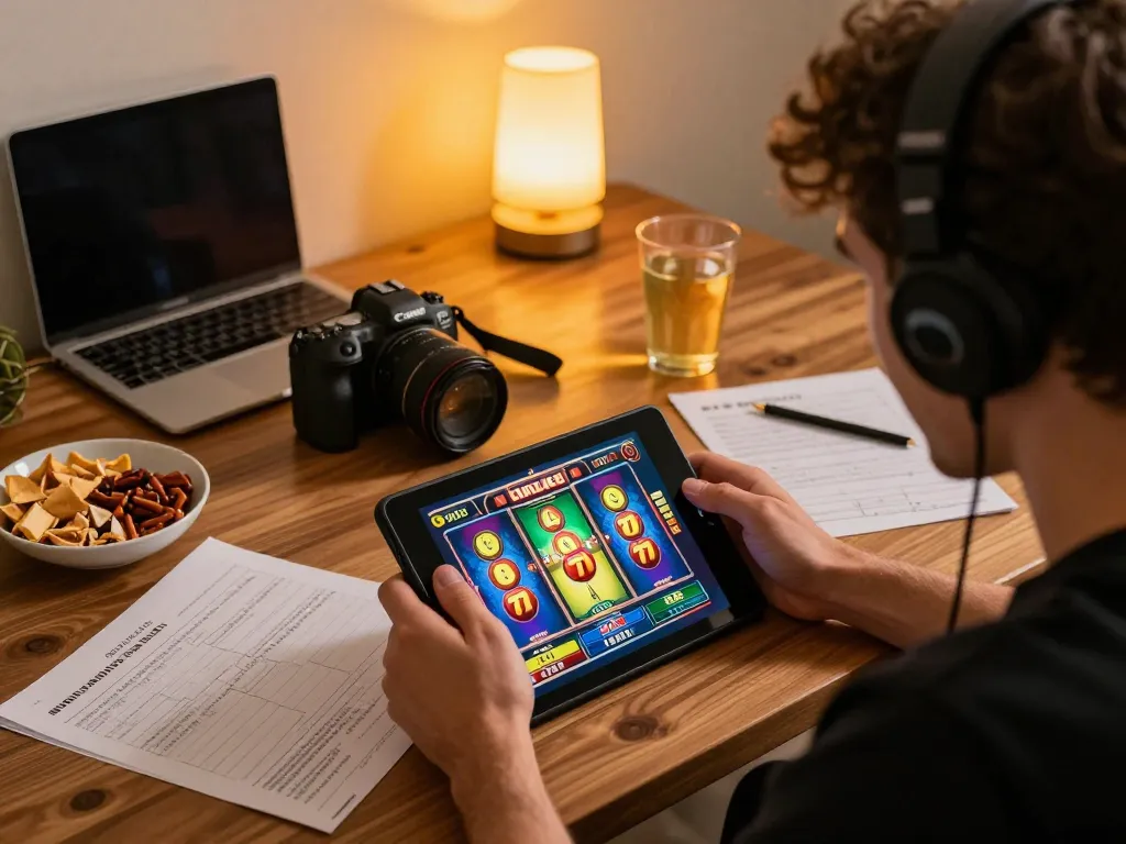 Engaged player enjoying alexis77 slot gameplay on tablet in a cozy gaming setup at home.