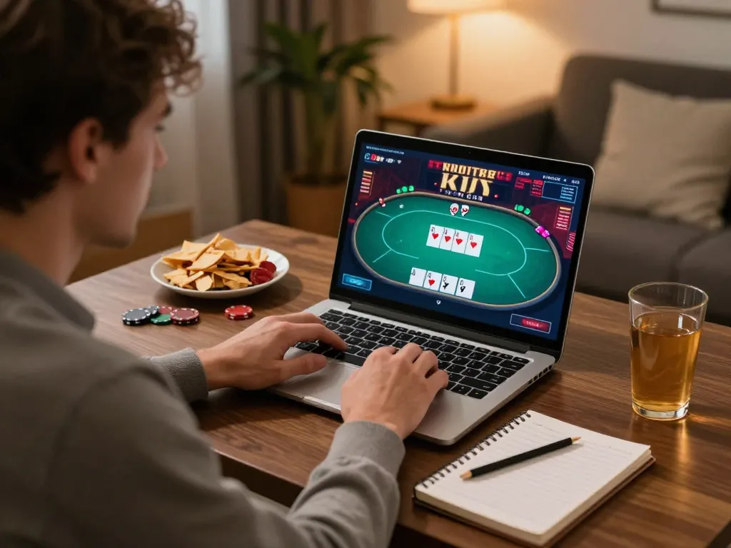Player exploring cm88-yu online casino on laptop with strategy notes, cozy gaming atmosphere