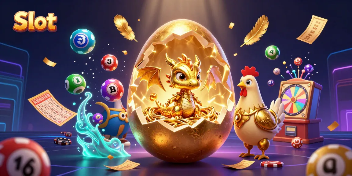Experience the thrill of winning at Slots with a vibrant 3D scene featuring a golden egg and dragon.