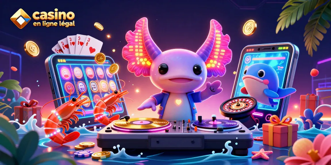 Un visuel captivant représentant le casino en ligne légal en France avec un DJ axolotl et des éléments de jeu colorés.