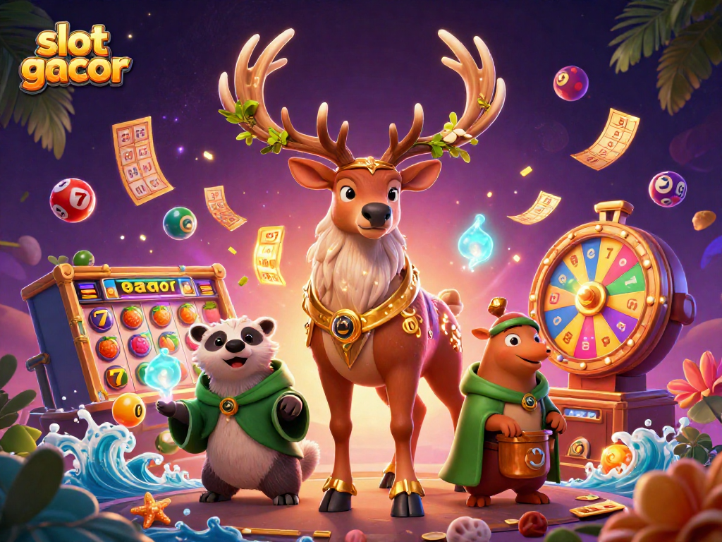 Putaran slot gacor dengan simbol berwarna cerah dan karakter fantastis dalam ilustrasi mendebarkan.