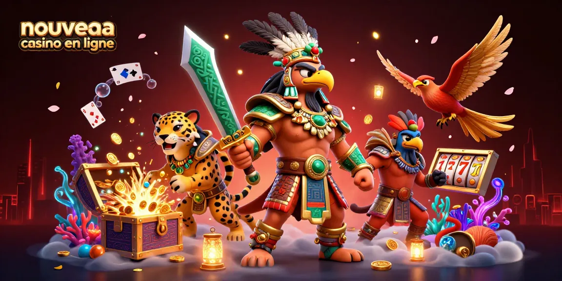 Action de gagner avec le nouveau casino en ligne, illustrée par un guerrier aztèque et des éléments de jeu