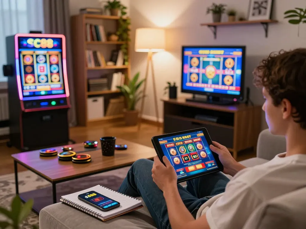 Playing sc88 casino games on a tablet in a cozy home setting with vibrant visuals