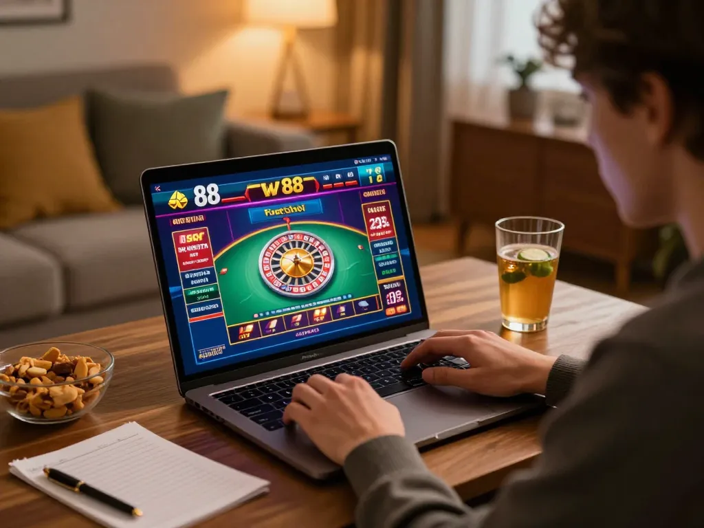 Engaging in an exciting w 88 casino game on a laptop at home, enhancing the gambling experience.