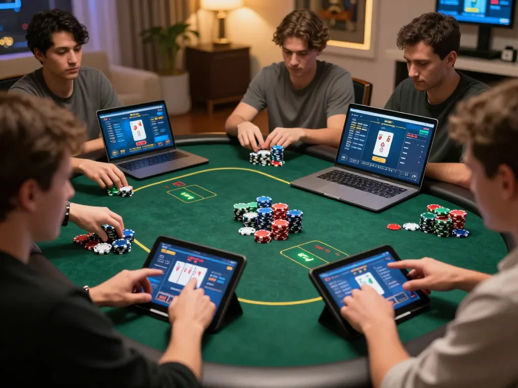 Players strategizing during an intense du88 online poker game showcasing betting options and colorful chips.
