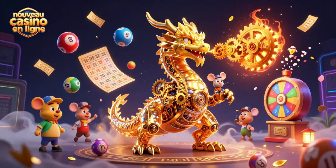 Illustration dynamique de nouveau casino en ligne avec dragon doré et éléments de loterie vibrants.