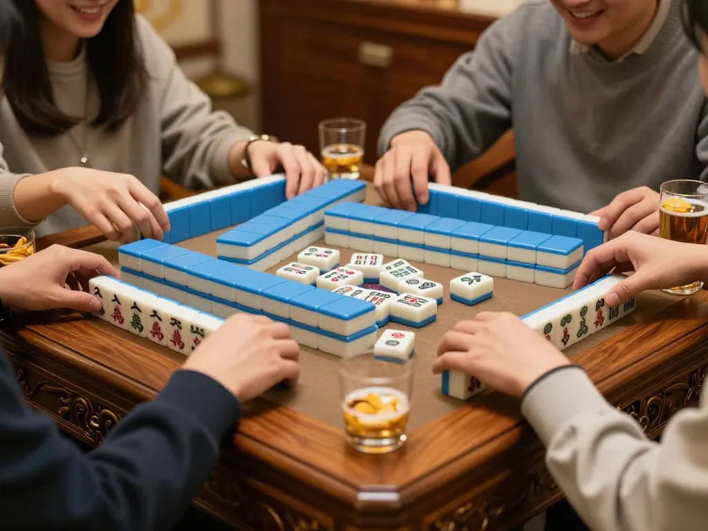 Engaging players placing tiles in an exciting mahjong game setting with warm ambiance and energetic atmosphere