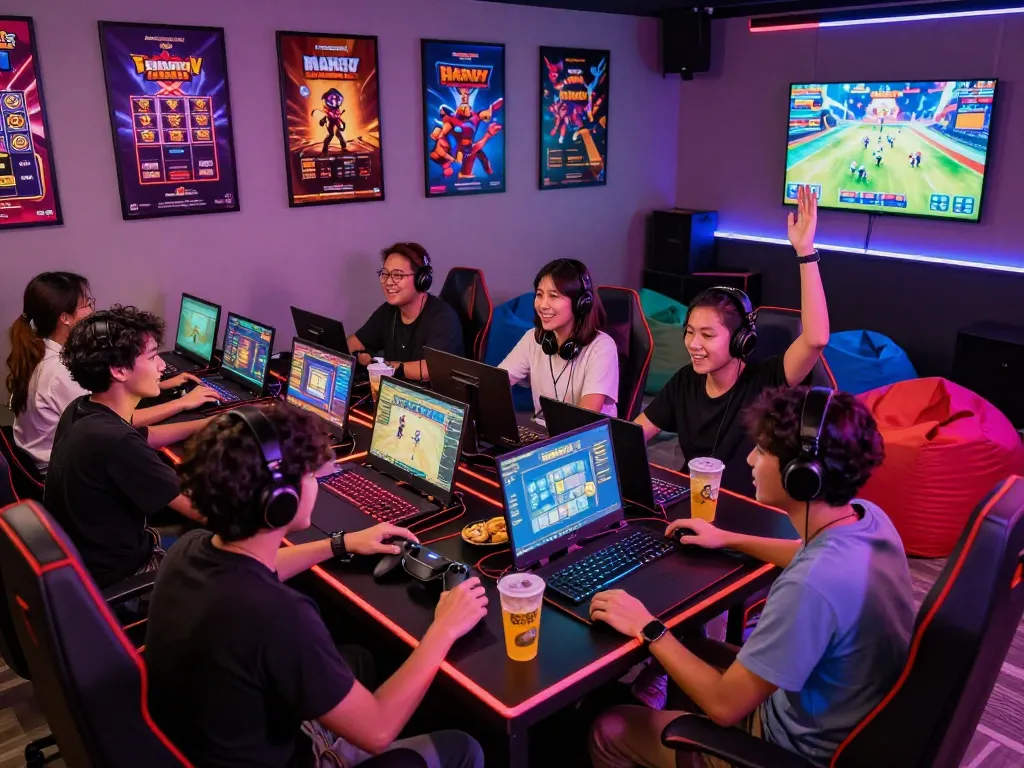 Kelompok yang terlibat memainkan slot gacor hari ini di kafe permainan yang ramai dengan camilan.