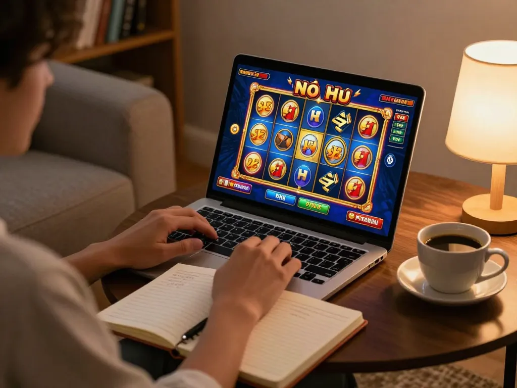 Engaging nổ hũ gameplay on laptop, showcasing vibrant slot visuals in a cozy home setting.