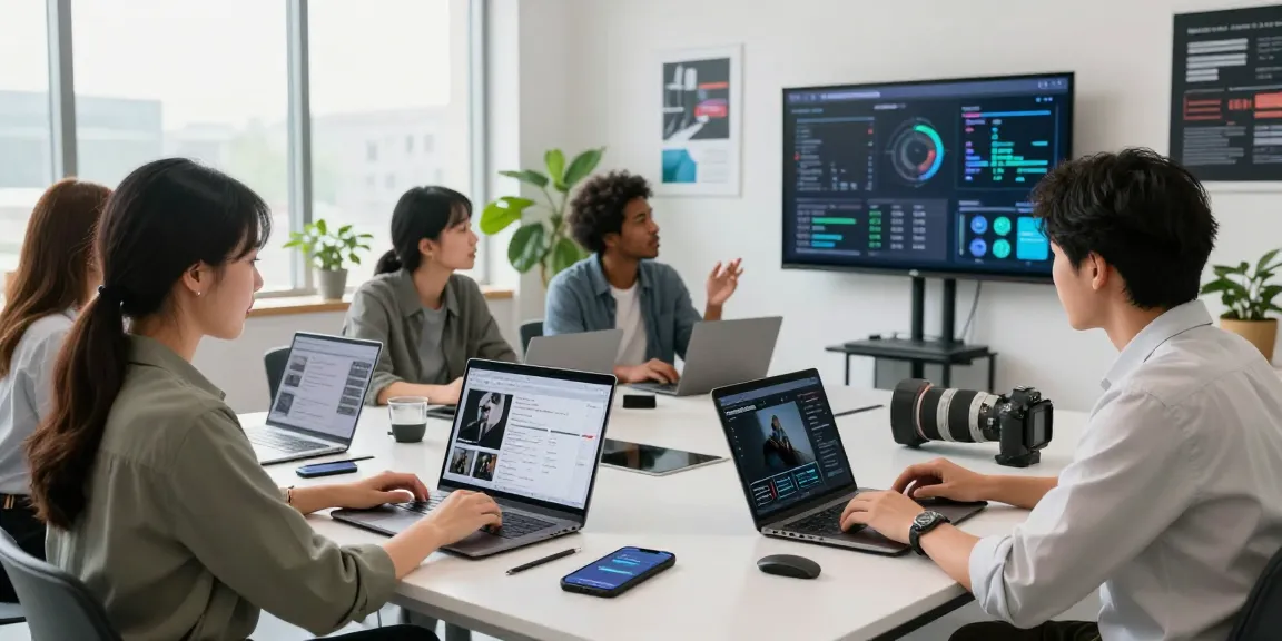 AI image detector in use by a diverse content moderation team analyzing flagged images in a bright, modern office.