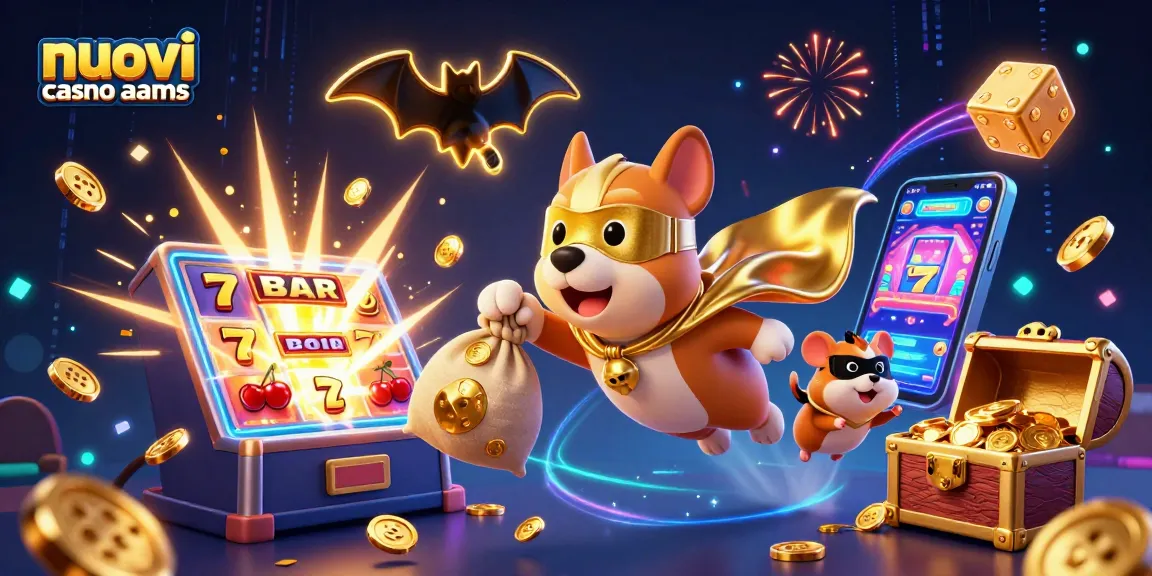 Illustrazione di "nuovi casino non aams" con un cane supereroe e un criceto in azione nel mondo del gioco