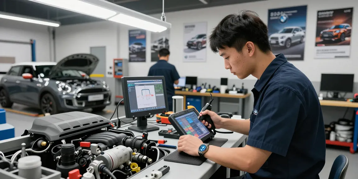 Professionelle BMW Werkstatt Hannover mit Techniker bei der Motorprüfung für BMW und MINI.