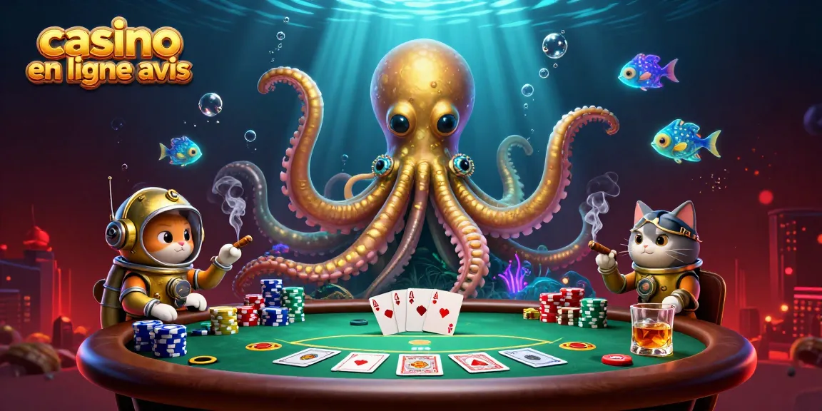 Découvrez les avis sur le casino en ligne avec une scène dynamique impliquant un kraken et un chat plongeur.