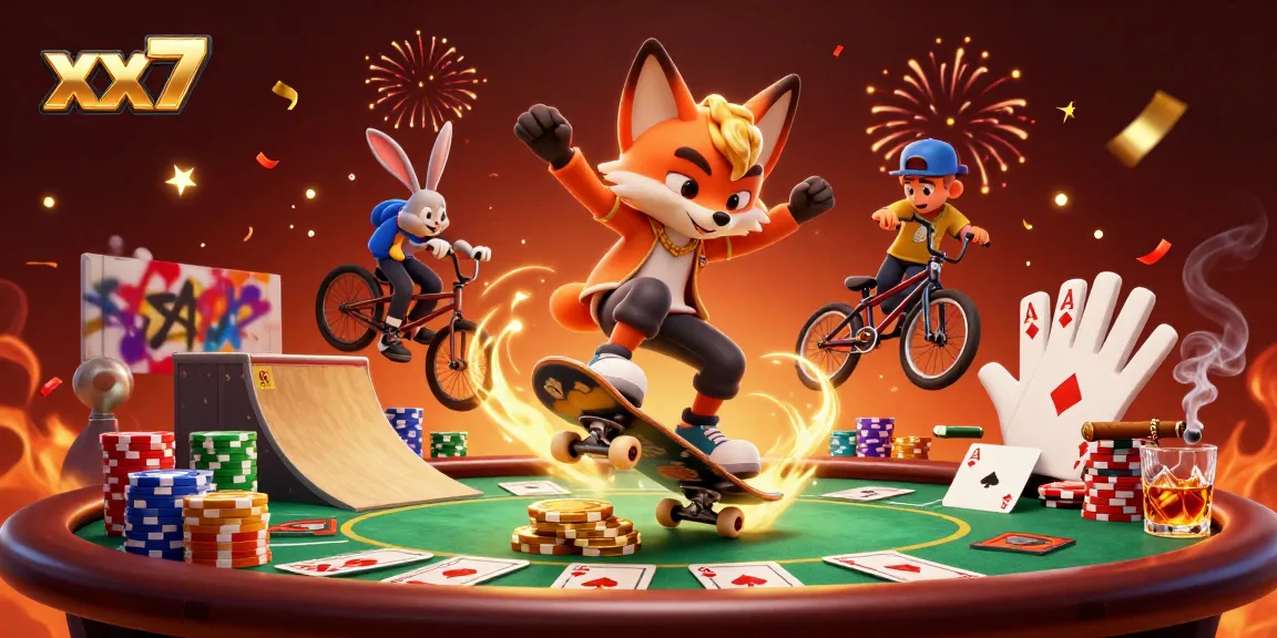 Experience the thrill of xx7 with vibrant casino-themed illustration of animated fox and rabbit in action.
