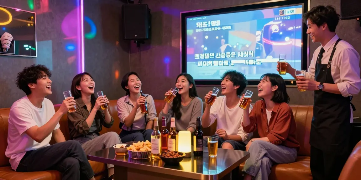 Jeju nightlife scene showcasing 제주유흥 experience with friends singing and enjoying drinks in a modern karaoke room.