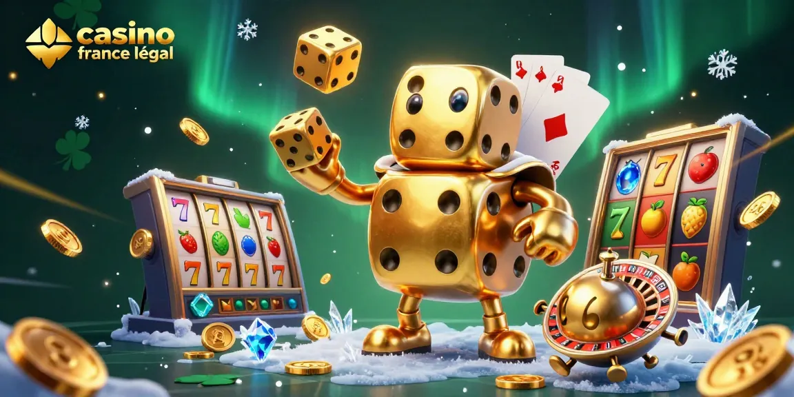 Illustration colorée de "casino en ligne légal France" avec un golem en dés dorés entouré d'éléments de machines à sous et de pièces d'or.