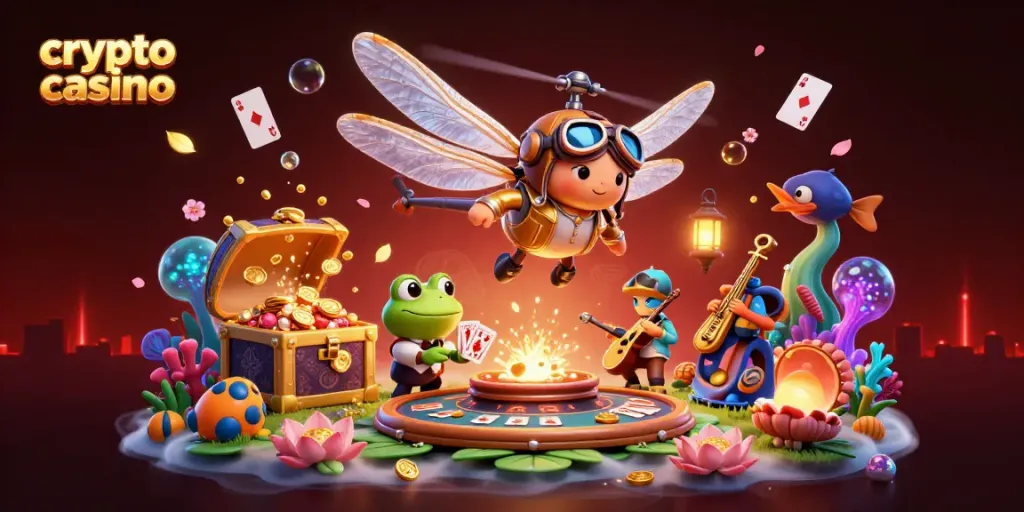 Engage in the thrilling world of a crypto casino as a dragonfly pilot oversees a lively scene with a frog croupier and jazz-playing crickets.