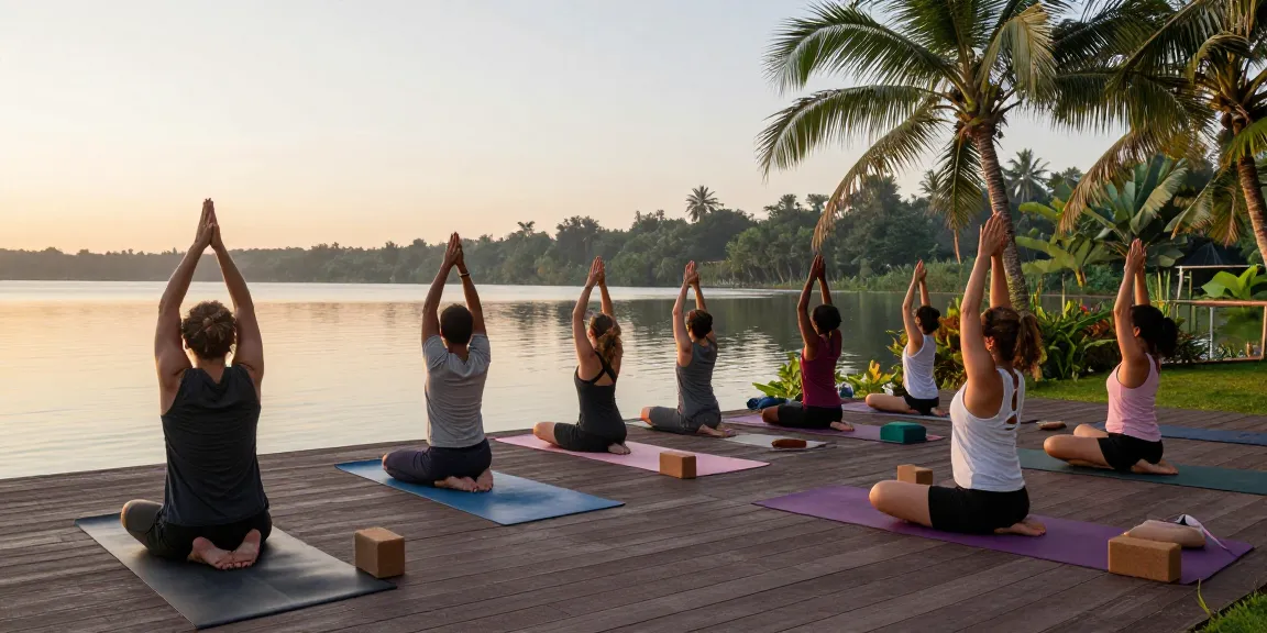 Experience the best yoga teacher training Sri Lanka with serene lakeside yoga at sunrise, peaceful atmosphere and natural beauty.