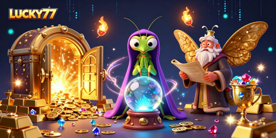 Experience the thrill of winning with LUCKY77 in a vibrant gambling-themed 3D illustration packed with fortune and treasures.