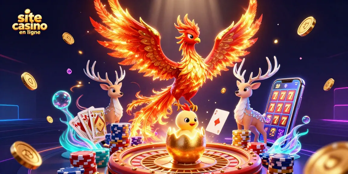 Visitez le site casino en ligne avec une illustration dynamique d'un phénix et des éléments de jeux étincelants.