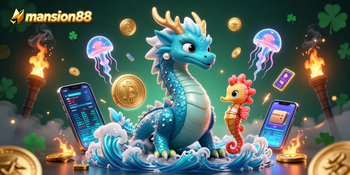 Experience the excitement of betting at mansion88 with vibrant dragons and crypto-themed elements.