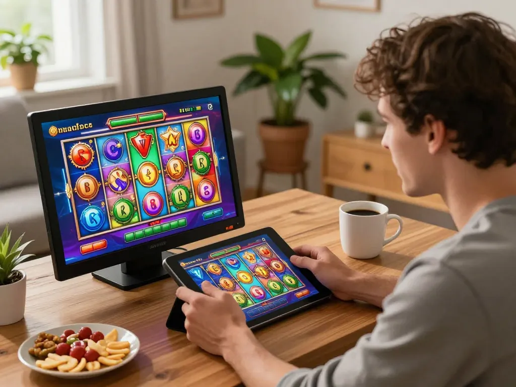 Engaging gameplay on a tablet featuring slot machines in a cozy home environment.
