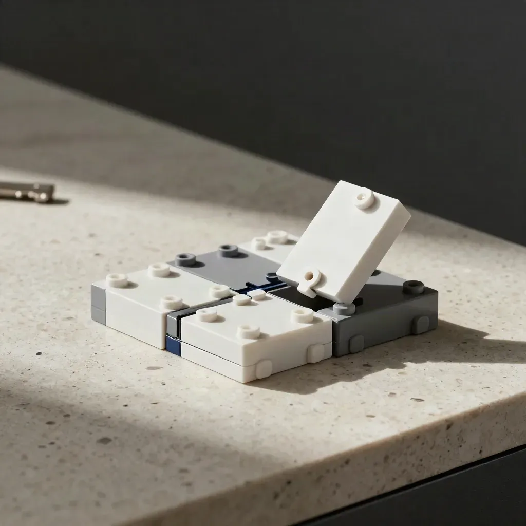 Module blocks snapping together beside a blank app shell on a travertine surface.