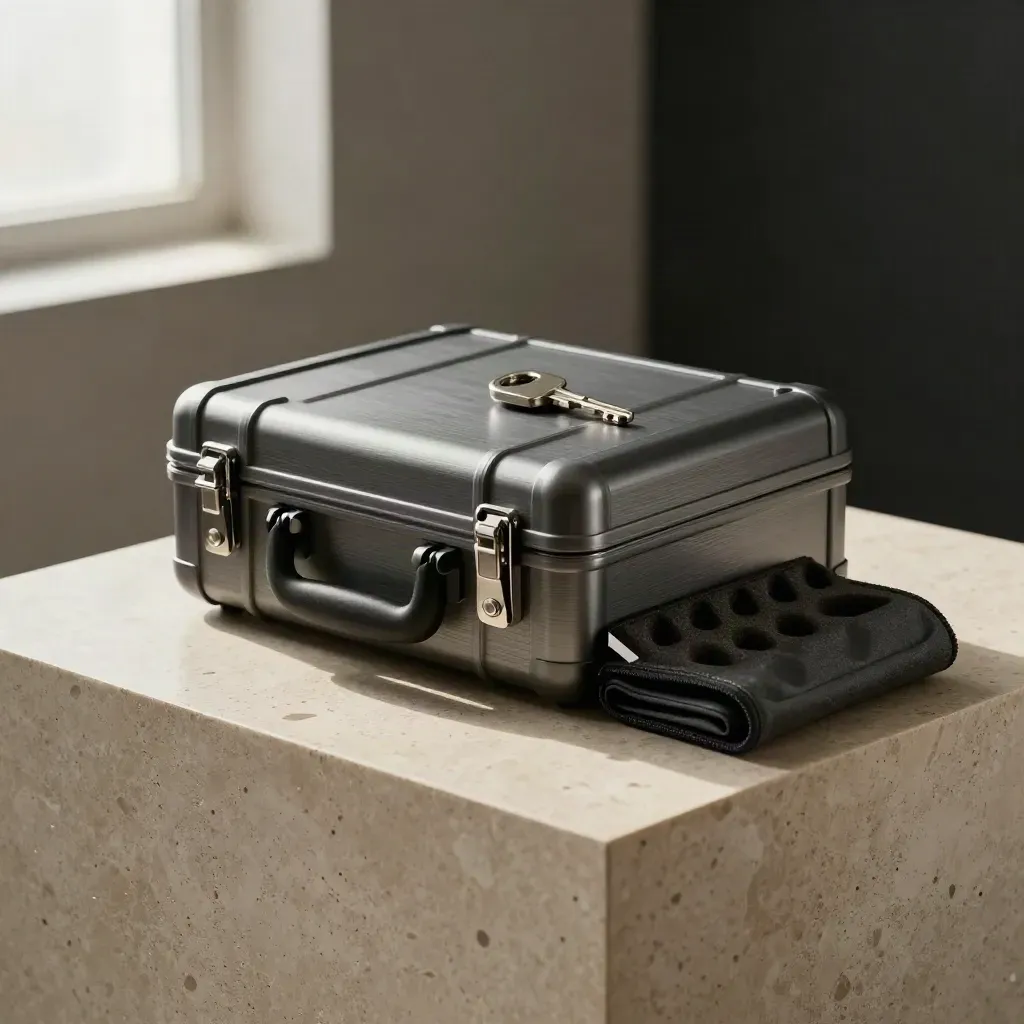 Sealed prototype launch kit with pouch, foam inserts and metal key on travertine pedestal