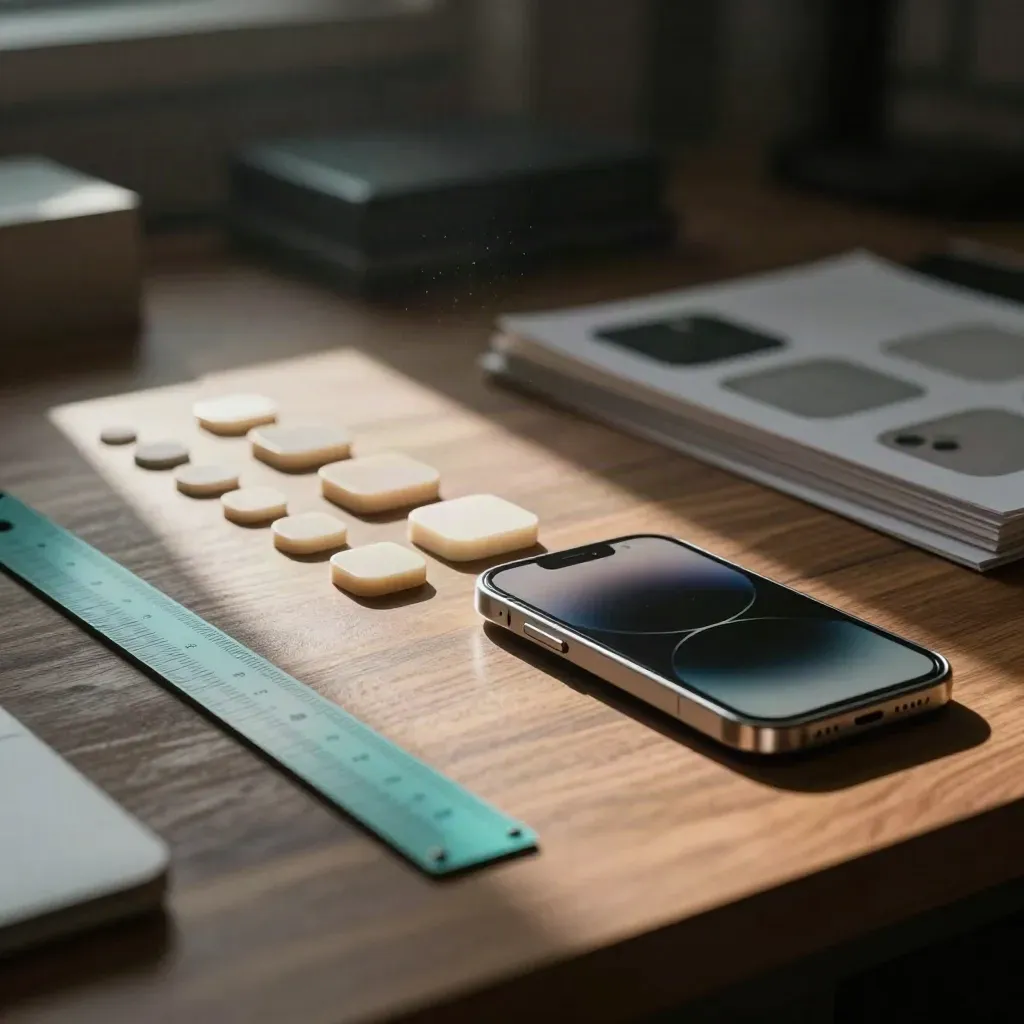 Rounded button blanks, calibration chips, and a phone bezel sample on a walnut bench.