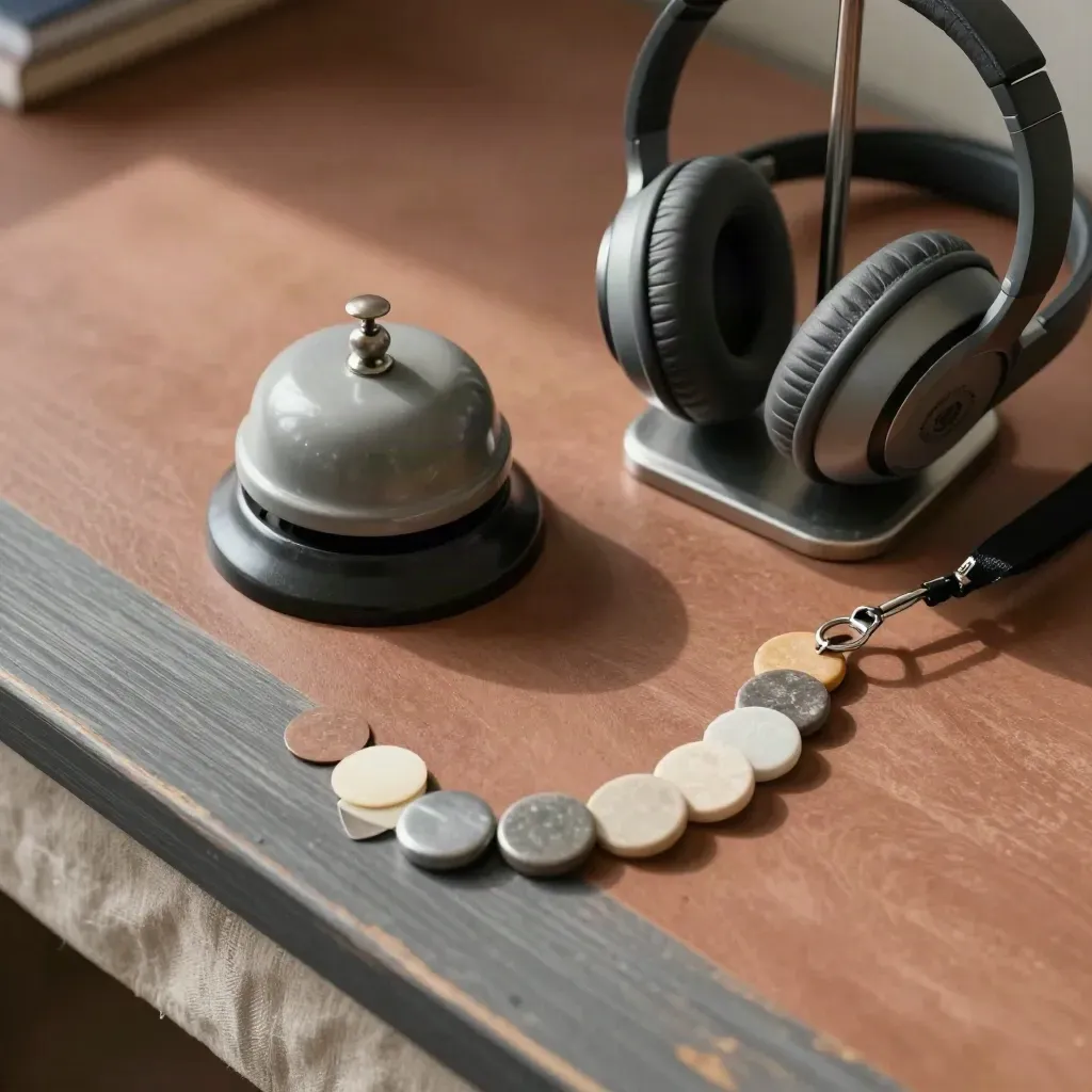 Top-down support desk still life with bell, headset, lanyard and progress tokens on ash and terracotta.