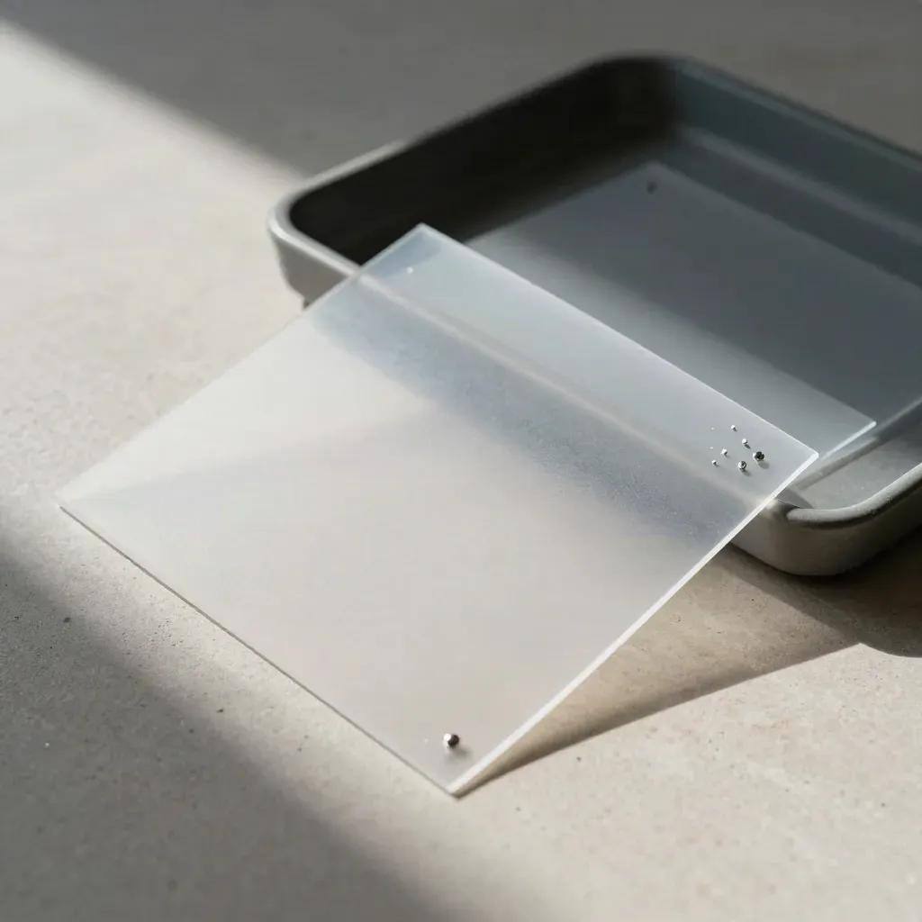 Frosted review sheets and pins in a graphite tray on stone, lit by soft side light.