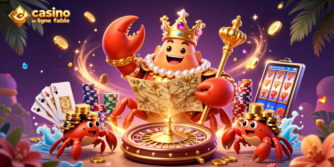 Casino en ligne fiable : illustration 3D dynamique avec un crabe en or et des jetons de casino.