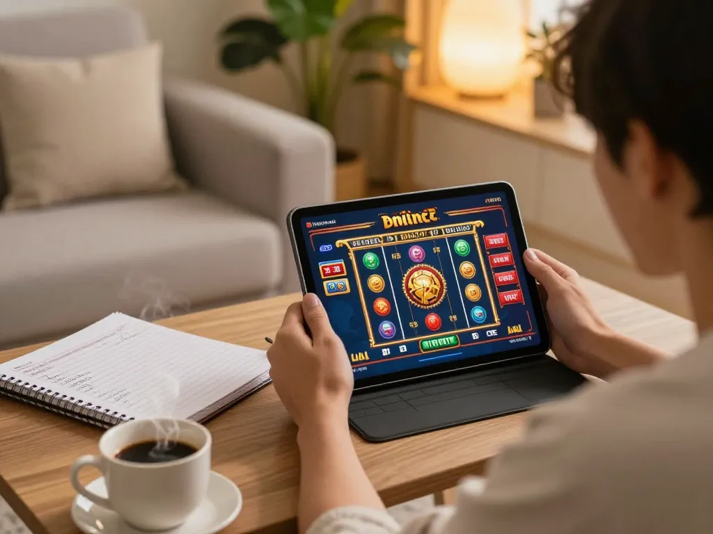 Engaging in casino online gratis senza registrazione on a tablet in a cozy home setting with strategic notebook.