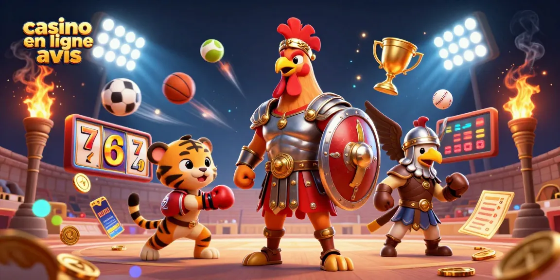 Évaluez les casinos en ligne avis avec un coq gladiateur dans une arène de jeux.