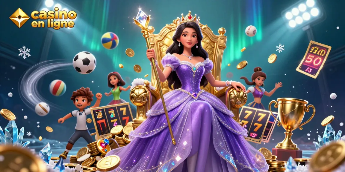 Découvrez l'excitation du casino en ligne avec une scène 3D dynamique présentant une princesse parmi des rouleaux de machines à sous et des éléments sportifs.