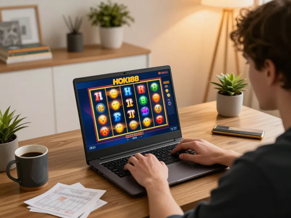 Pertandingan online yang menarik di HOKI88 dengan gulungan slot berwarna-warni berputar di layar laptop