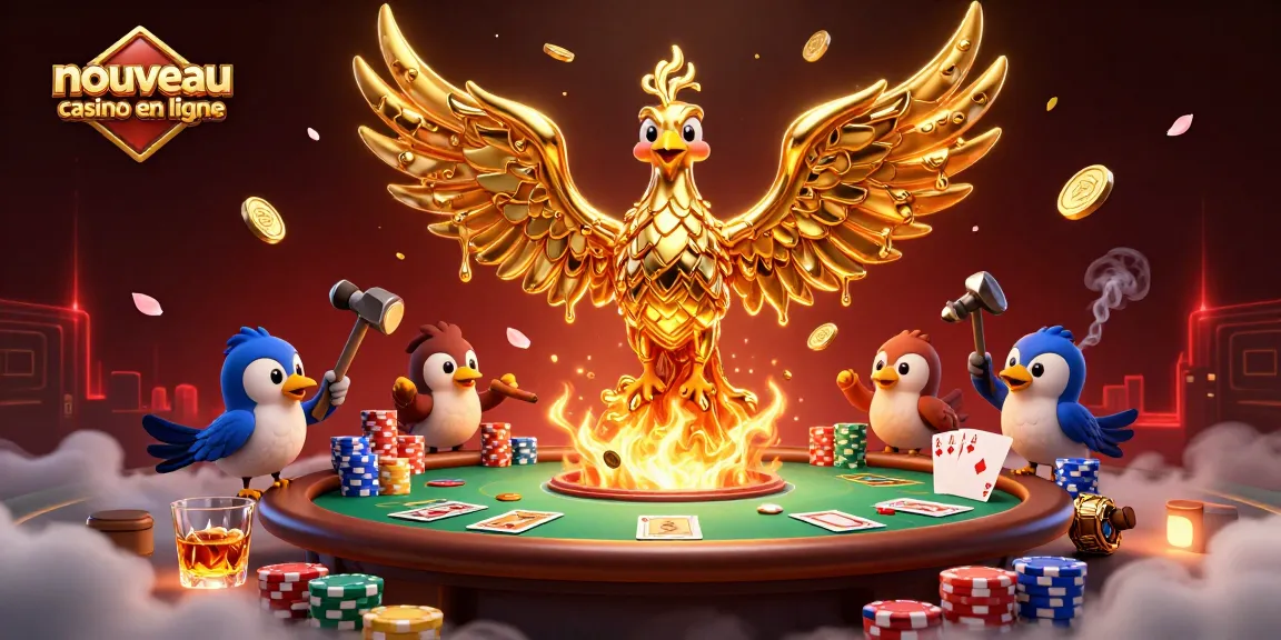 Jouez au nouveau casino en ligne en découvrant un phénix doré et des jetons de poker colorés.