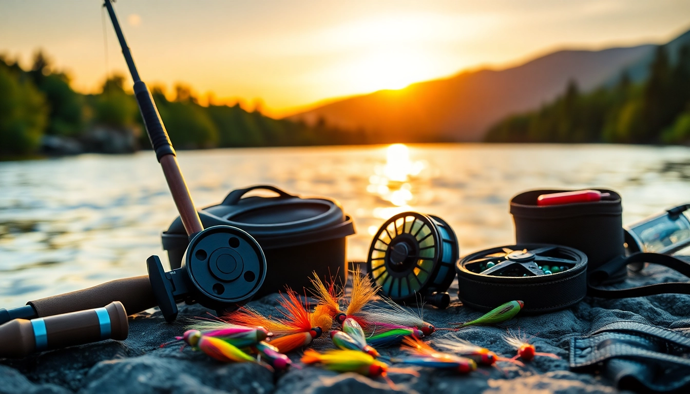 Engaging fly fishing accessories display arranged beautifully along a riverbank.
