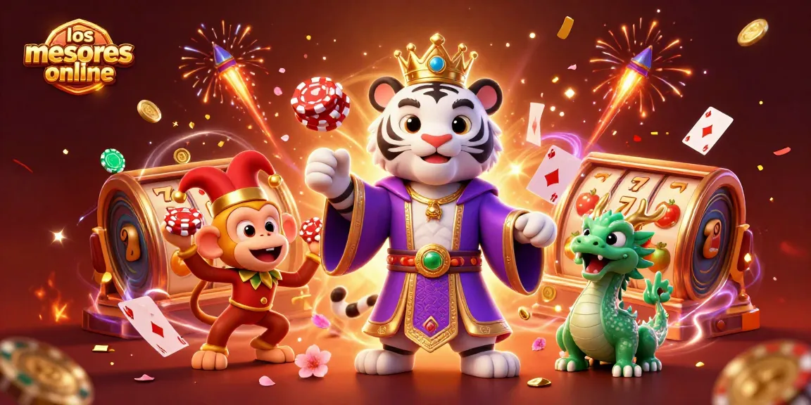 Los mejores casinos online: ilustración animada mostrando un tigre, un mono y elementos de casino.
