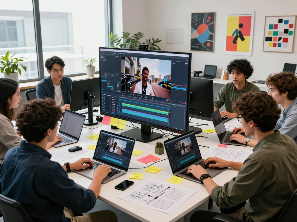 Seedance 2.0 video production team collaborating on AI-generated content in a modern workspace