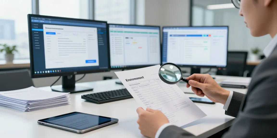 Detect fake invoice with AI analysis tools in a modern office environment.