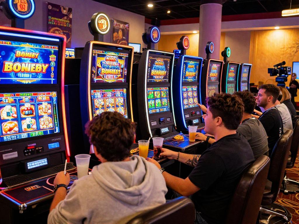 Exciting players enjoying bonus buy slots at vibrant online casino, showcasing thrilling gameplay and colorful atmosphere
